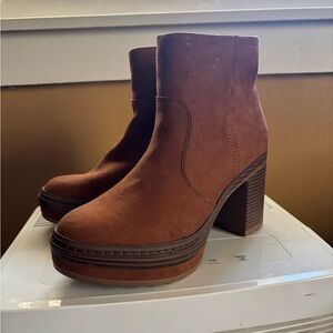 Wonderly Brown Suede Platform Block Heel Ankle Boots